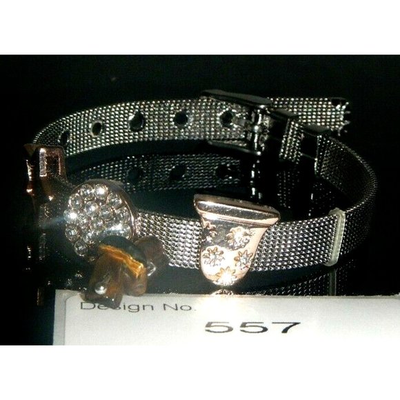 Tiger Eye Gemstone- Stainless Steel Mesh Keeper Bracelet-Band-Slide Charms-557 - Picture 1 of 5